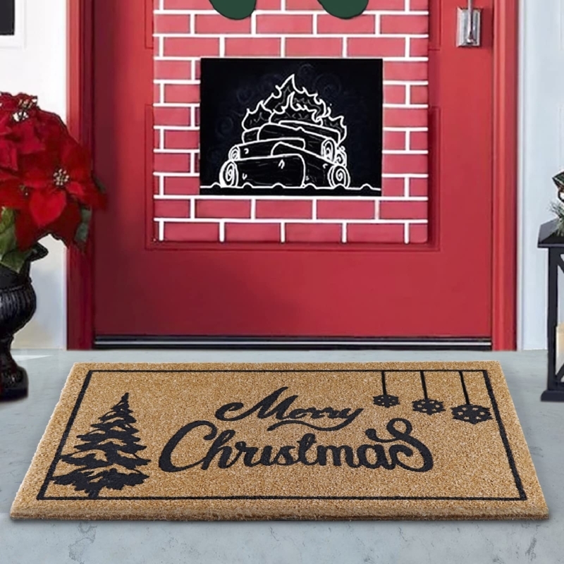 Doormat Merry Christmas Script Coir, Pine Tree Motif, Christmas Coir Doormat Styling