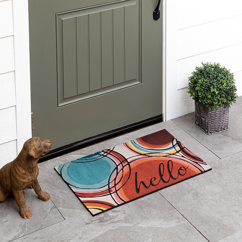 Doormat Mid Century Cursive Hello Script Geometric Colorful Circles