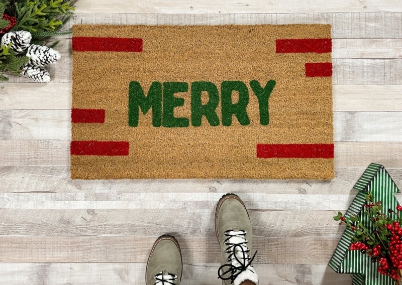 Doormat Modern Block Design Coir, Green Merry Text, Festive Green Merry Door Mat