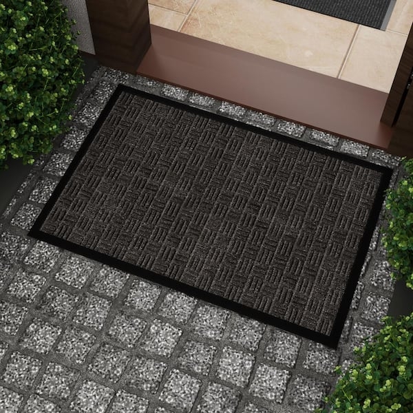 Doormat Modern Charcoal Outdoor Basketweave Pattern Beveled Edge