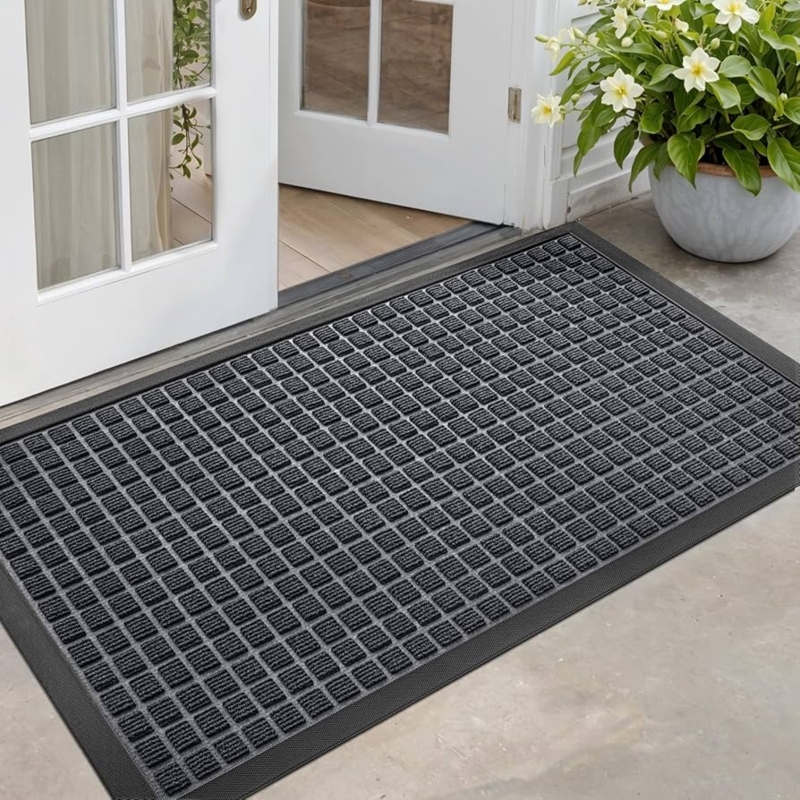 Doormat, Modern Checkered Grid, Dark Grey, Low Profile, Heavy Duty