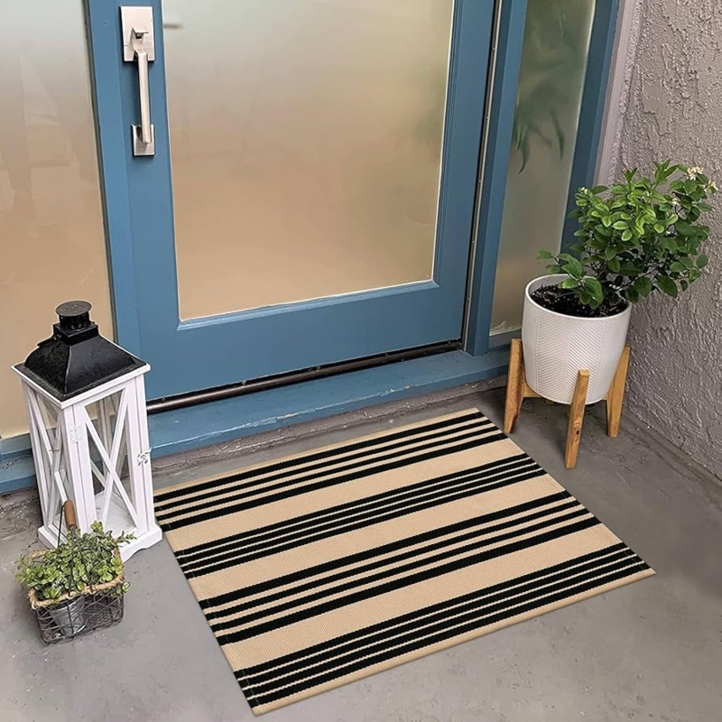 Doormat Modern Farmhouse Entryway Decor Striped Khaki Black Flatweave