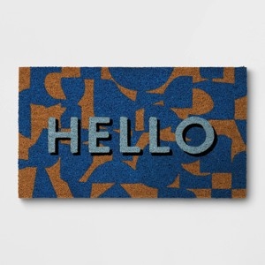 Doormat Modern Geometric Blue Abstract Hello Text Block Lettering