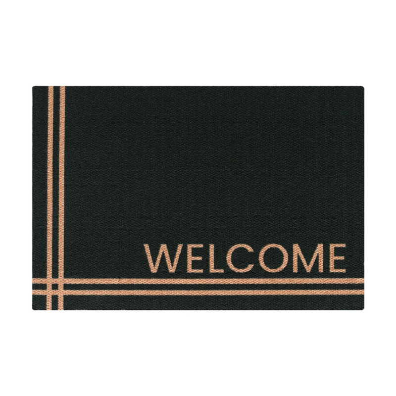 Doormat Modern Minimalist Black Base Tan Linear Grid Border Welcome