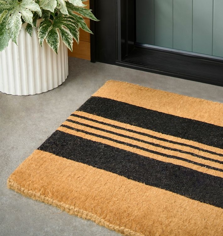 Doormat Modern Striped Rhythmic Pattern Black and Tan Thick Pile