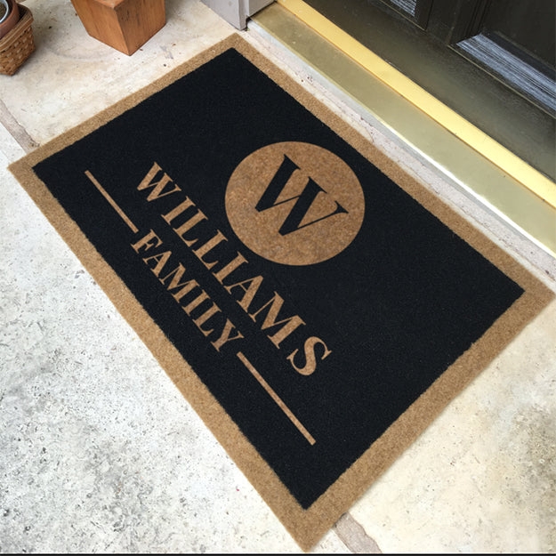 Doormat Monogram Circle Personalized Text Black Tan Contrast