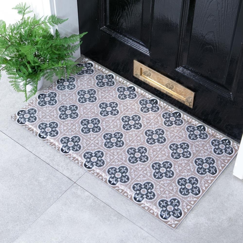 Doormat Mosaic Floral Pattern Beige Charcoal Low Profile