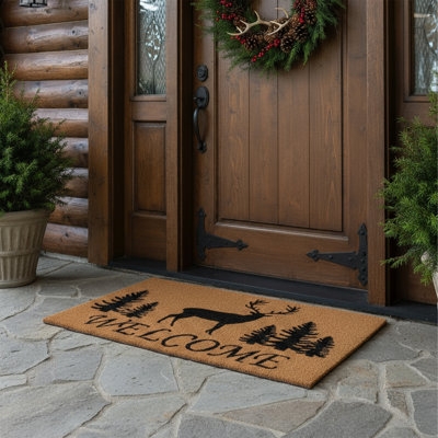 Doormat Mountain Lodge Theme, Deer Silhouette, Printed Graphics, Tan
