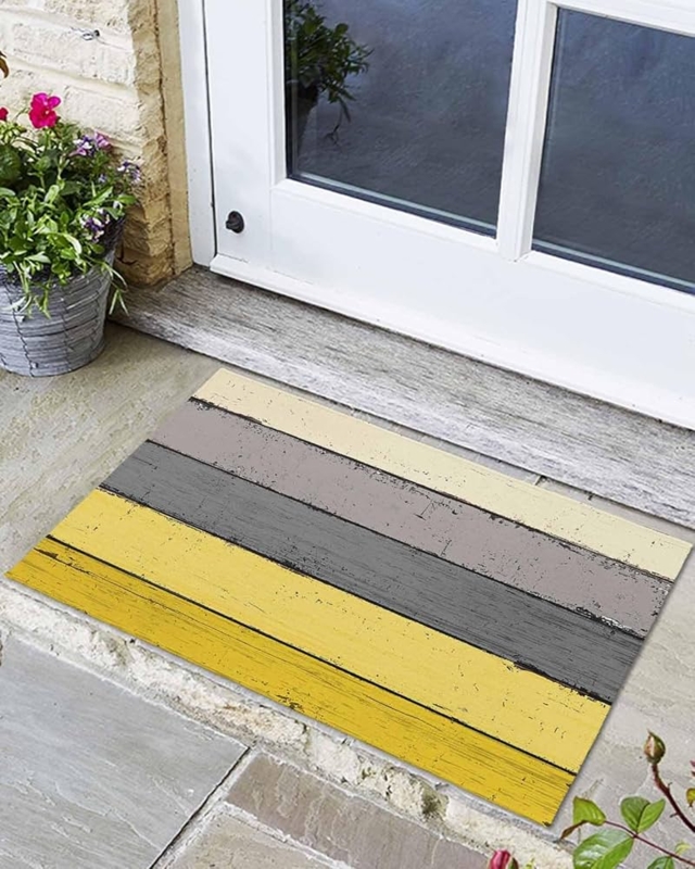 Doormat Mustard Yellow Accents Distressed Wood Grain Country Entryway Rug