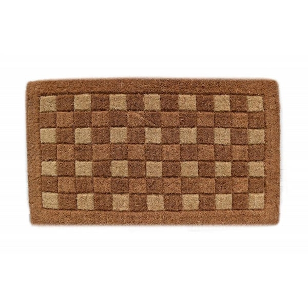 Doormat Natural Checkerboard Coir Mat, Rustic Woven Texture, Brown/Tan