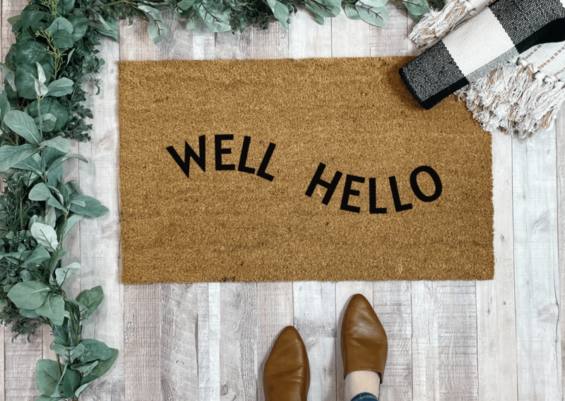 Doormat, Natural Coir, Bold Black Well Hello Typography, Playful Decor.