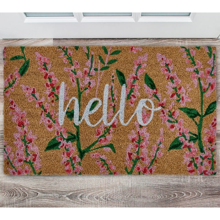 Doormat, Natural Coir, Botanical Floral Print, White Script Hello, Cottage.