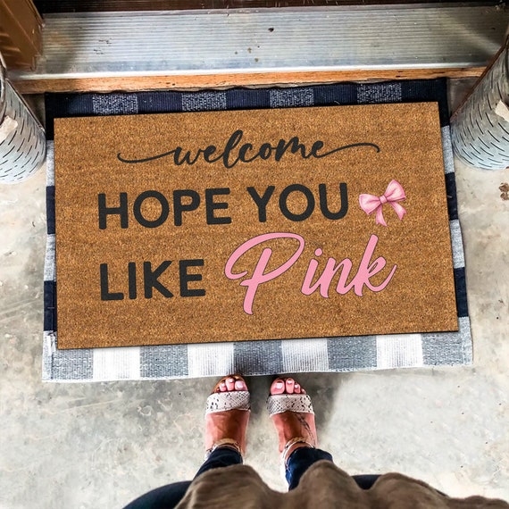 Doormat Natural Coir Pink Script Bow Graphic Bristly Porch Decor