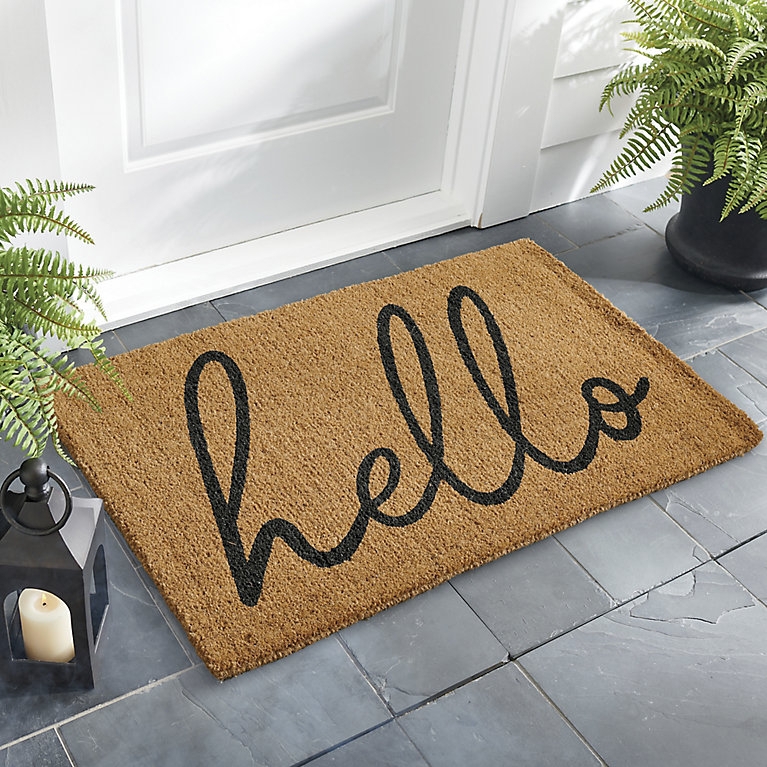 Doormat, Natural Coir, Script Hello, Transitional Porch Mat, Tan.