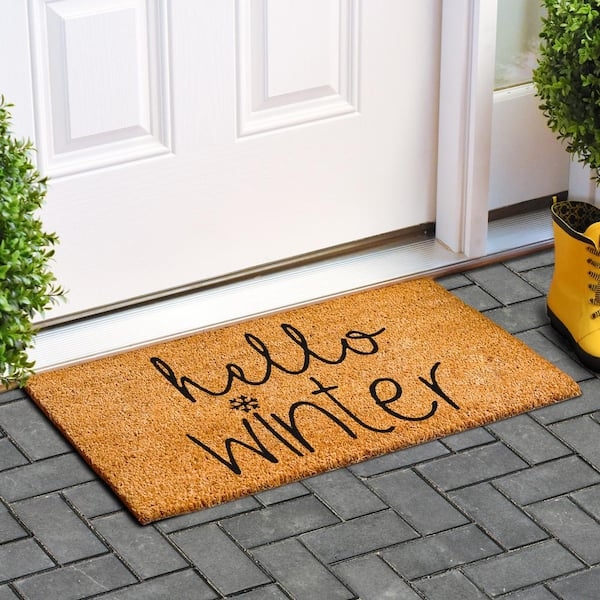 Doormat, Natural Coir, Script Hello Winter, Snowflake Icon, Seasonal Decor.