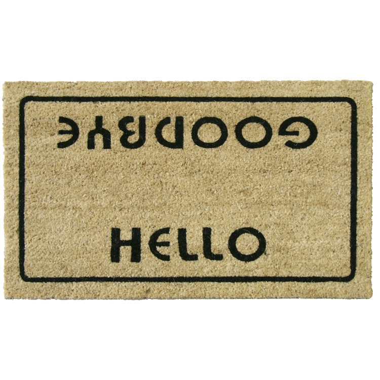Doormat, Natural Fiber, Dual Orientation Hello Goodbye Text, Black Border.
