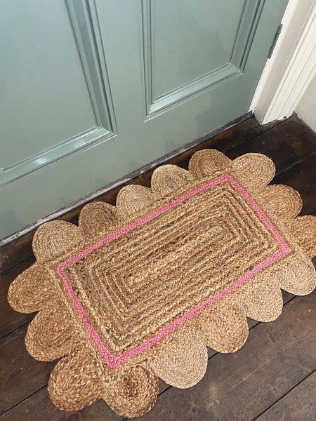 Doormat Natural Jute Like Scalloped Edge Braided Pink Border Coastal