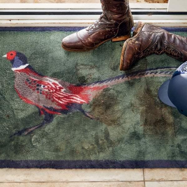 Doormat Nature Inspired Pheasant Graphic Forest Green Base Washable
