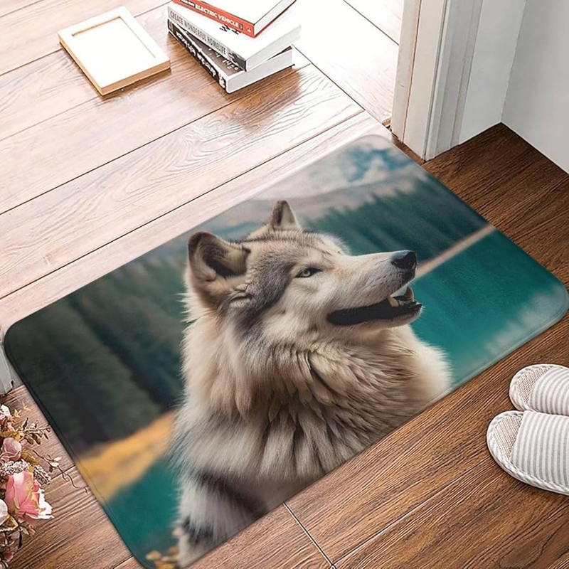 Doormat Nature Themed Wolf Portrait Rustic Teal Mountain Print