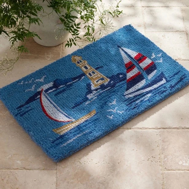 Doormat Nautical Lighthouse Motif with Bright Blue Base