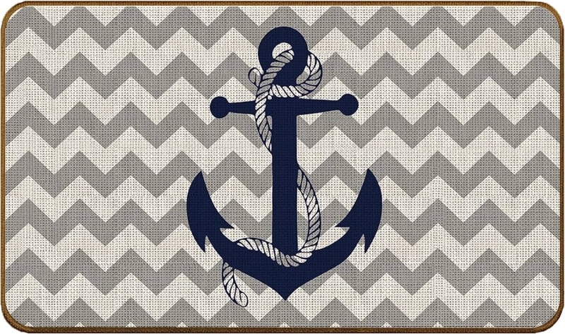 Doormat Navy Anchor Motif Grey Chevron Background Coastal Style