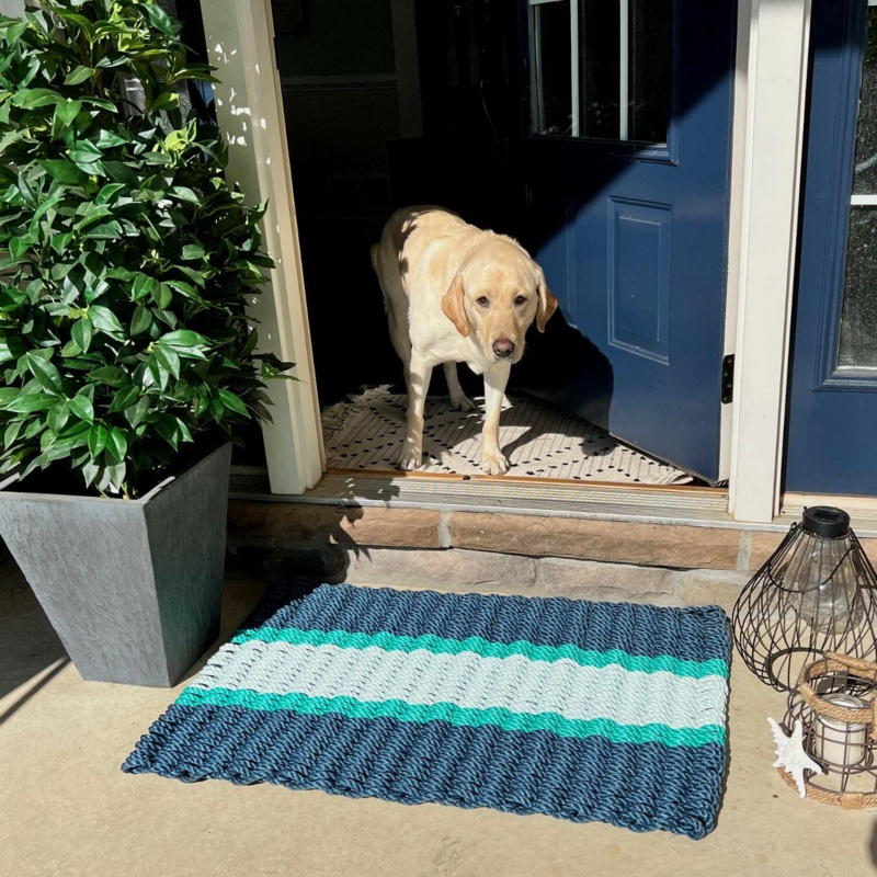 Doormat Navy And Teal Nautical Rope Stripes Outdoor Durability