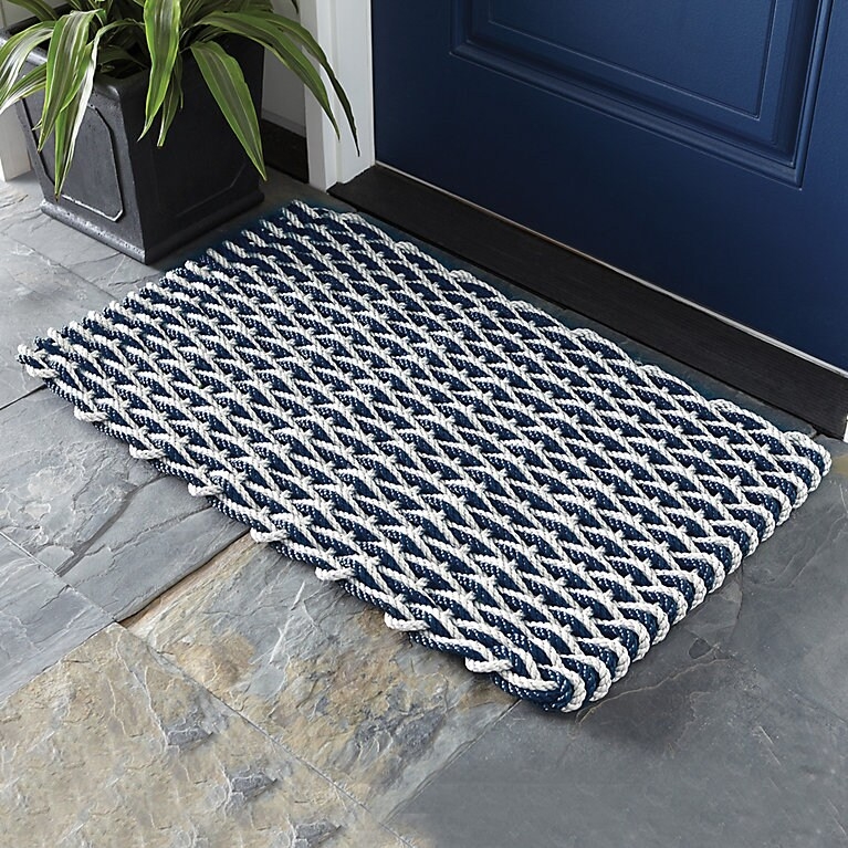 Doormat Navy And White Weave Woven Rope Braided Edges Sturdy Mat