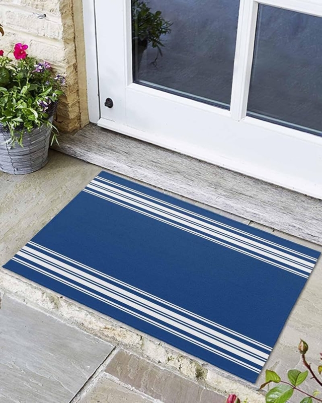 Doormat Navy Blue and White Striped Pattern Low Profile Front Door Rug