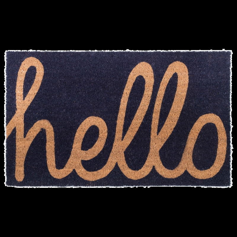 Doormat, Navy Blue Background, Natural Tan Cursive Hello, Coarse Texture.
