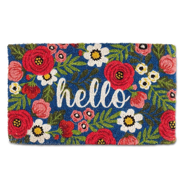 Doormat Navy Blue Base Script Hello Floral Print Bohemian Cottage Decor