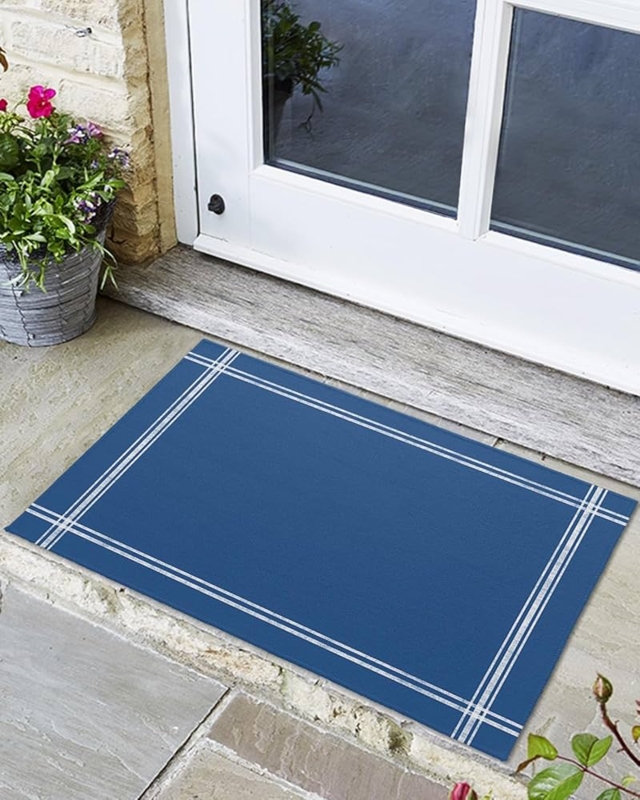 Doormat Navy Blue Double White Border Low Profile Coastal Entryway