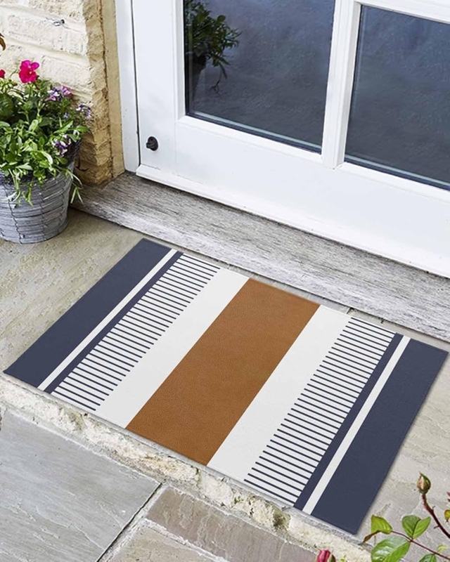 Doormat Navy Blue Pinstripes Color Block Low Profile