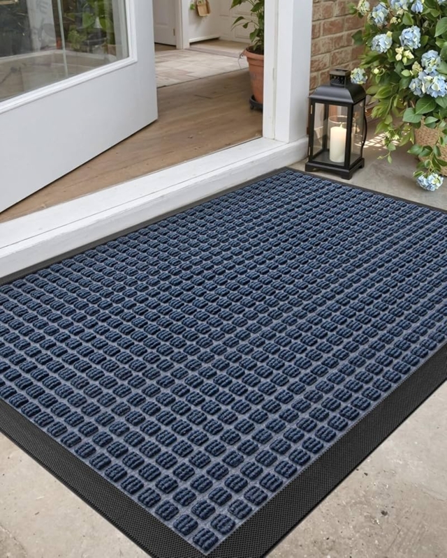 Doormat, Navy Blue Raised Square Grid, Heavy Duty, Non Slip