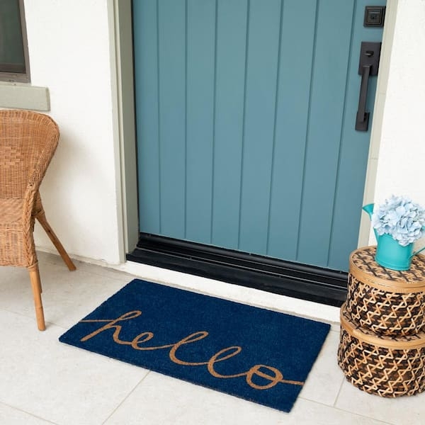 Doormat Navy Coir Cursive Hello Script Coir Script Mat For Porch