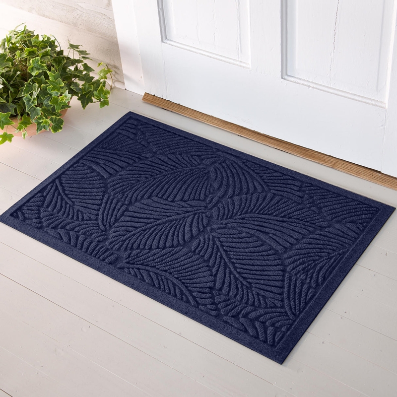 Doormat Navy Fern Pattern Raised Motif Molded Border Traditional