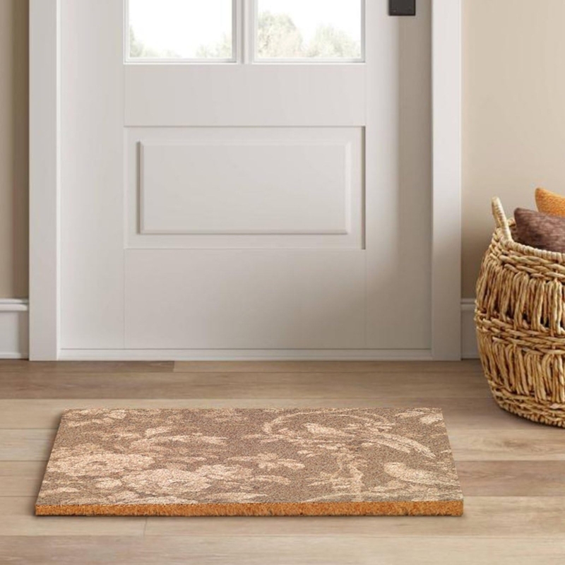 Doormat Neutral Toile Floral Bird Motif Tan Palette