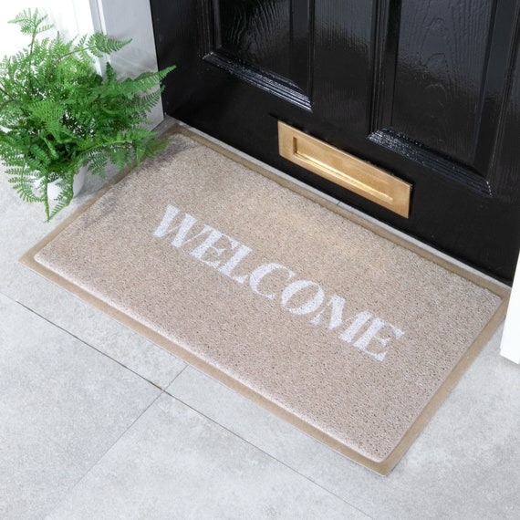 Doormat: Neutral White Welcome Text Low Profile Border Porch Decor