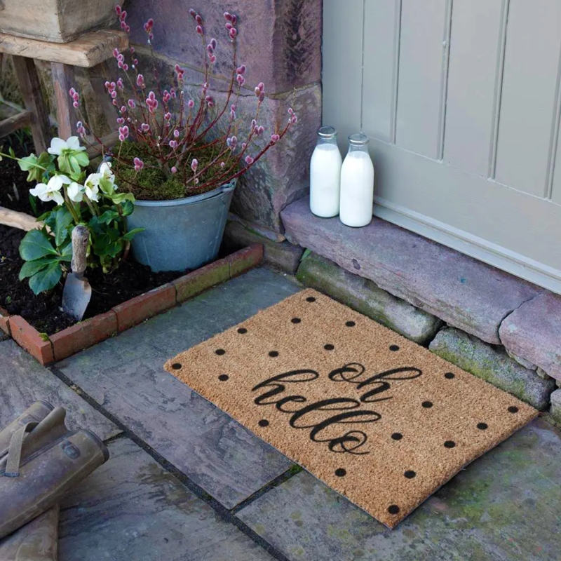 Doormat Oh Hello Script Polka Dot Coir Cottage Garden Doorstep