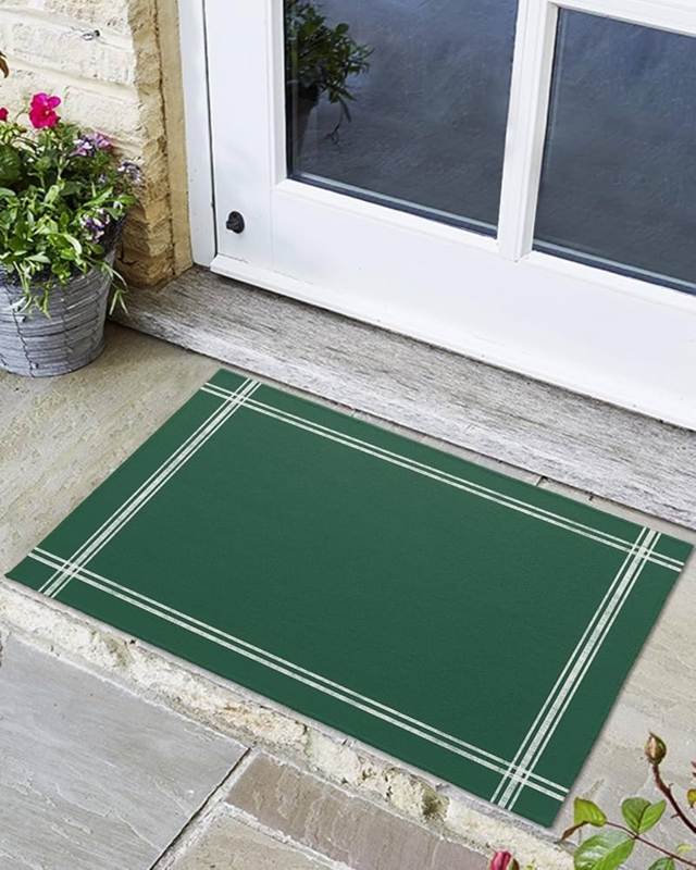 Doormat Olive Green White Bordered Stripe Flat Weave Low Profile