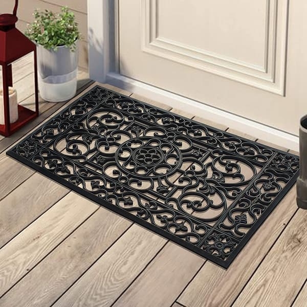 Doormat Open Grill Ornate Black Scrollwork Rubber