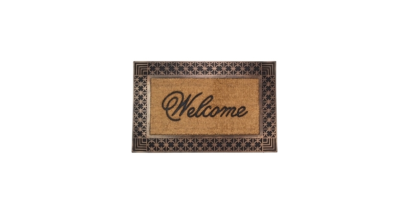 Doormat Ornate Bronze Lattice Border Natural Coir Cursive Welcome
