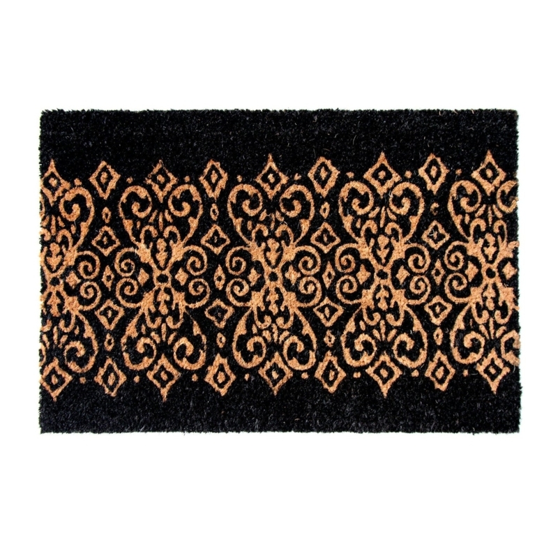 Doormat Ornate Scroll Pattern Black Tan Coir Traditional Elegant