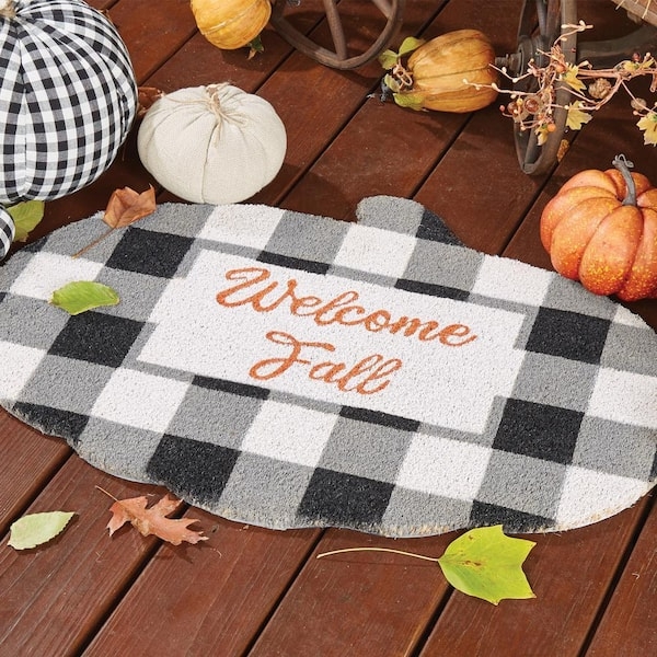 Doormat Oval Buffalo Check Plaid 'Welcome Fall' Cursive Script Mat
