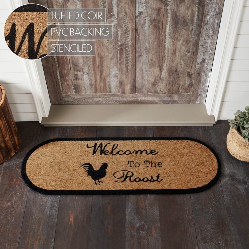 Doormat Oval Shape Rooster Graphic Coir Material Farmhouse Entryway Rug