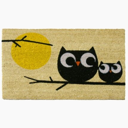 Doormat Owl Motif Yellow Moon Coir High Contrast Graphic Fibrous Texture