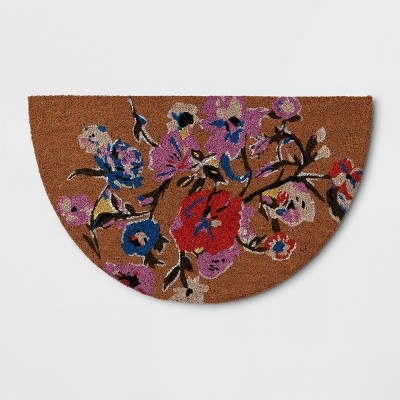 Doormat Painterly Floral Print Colorful Coir Half Circle Boho