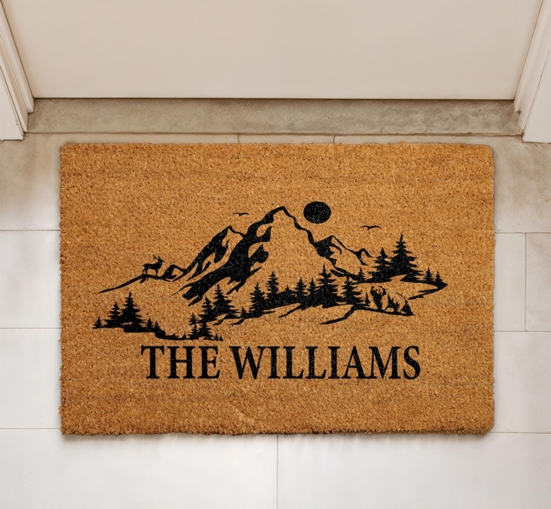 Doormat Personalized Family Name, Mountain Landscape Graphic, Coir Like