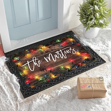 Doormat Personalized Family Name, Wood Grain Print, Rustic Wood Print Holiday Mat