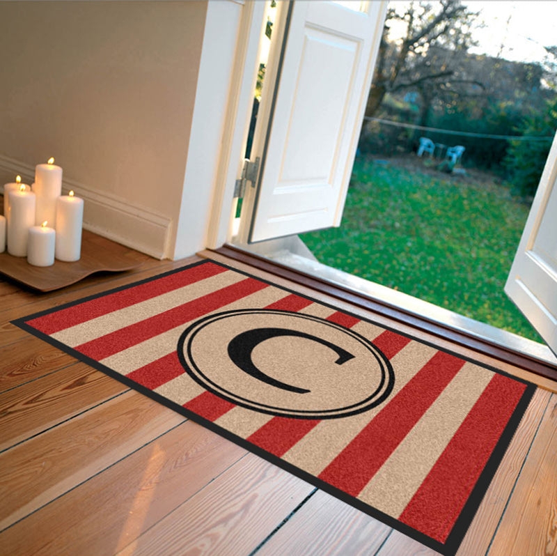 Doormat Personalized Monogram Red Striped Natural Fiber Farmhouse