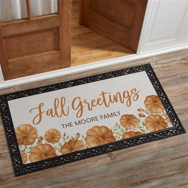 Doormat Personalized Oversized Scrollwork Border Watercolor Pumpkins